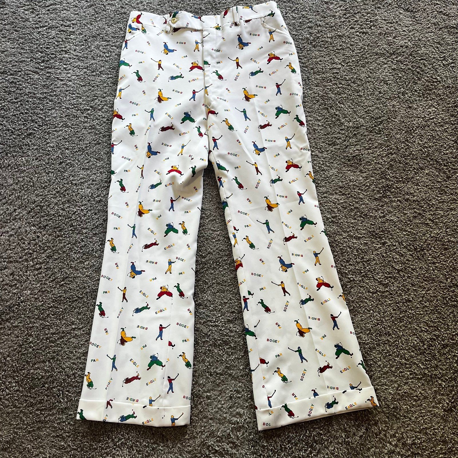 Vtg 70s Straight Leg Golf Pants All Over Print Golfers Eagle Bogey Par Sz 36